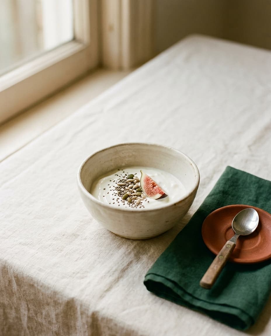 A small bowl of yogurt topped with seeds and a slice of fig, on a linen tablecloth by a window